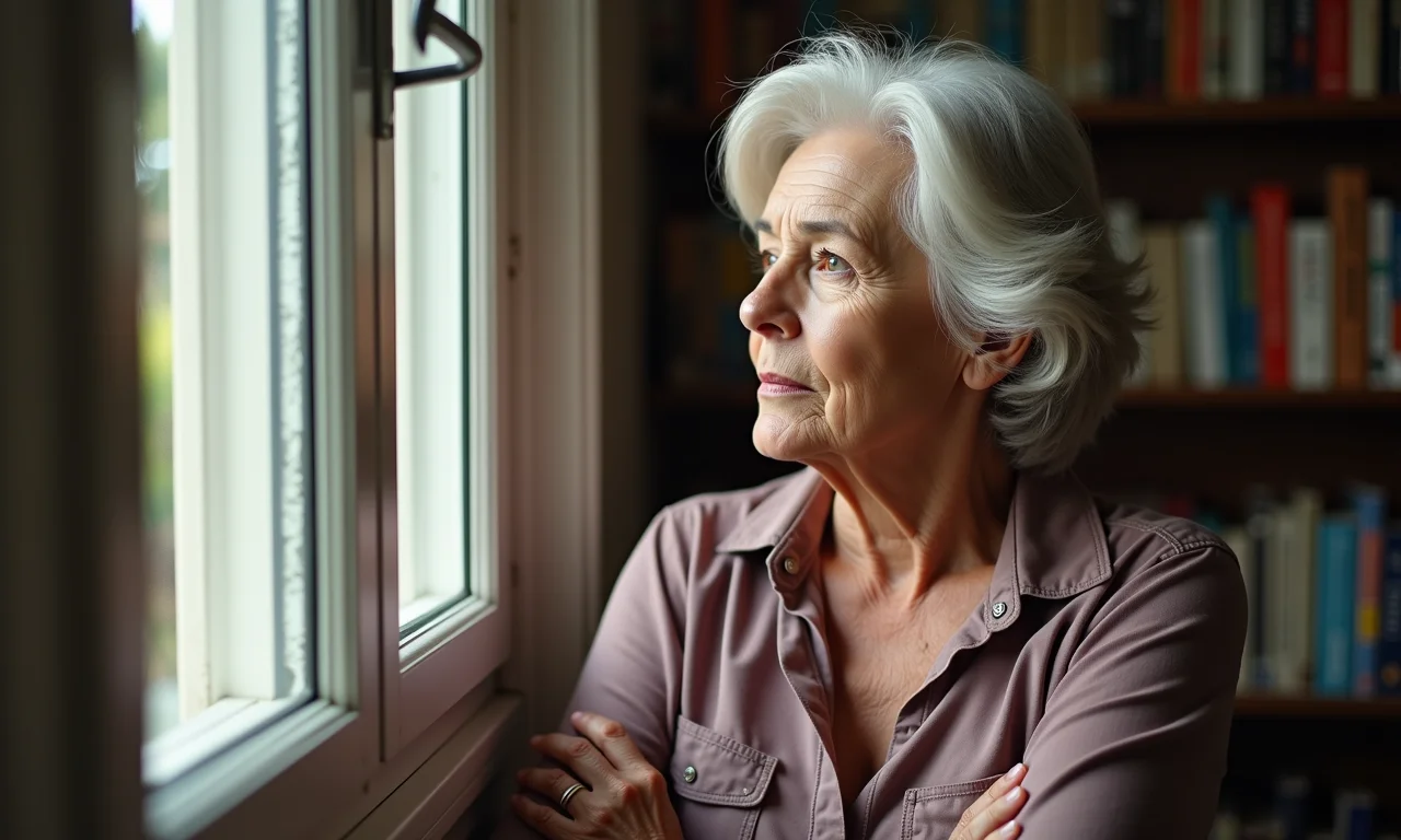Mulher de meia-idade olhando pensativa pela janela em ambiente com decoração brasileira.