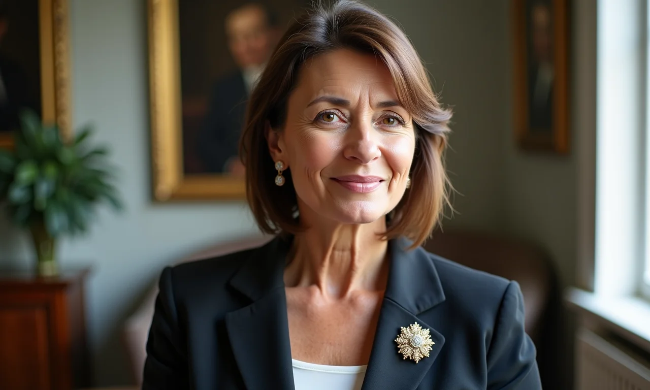 Mulher de meia-idade usando blazer com um broche elegante na lapela.