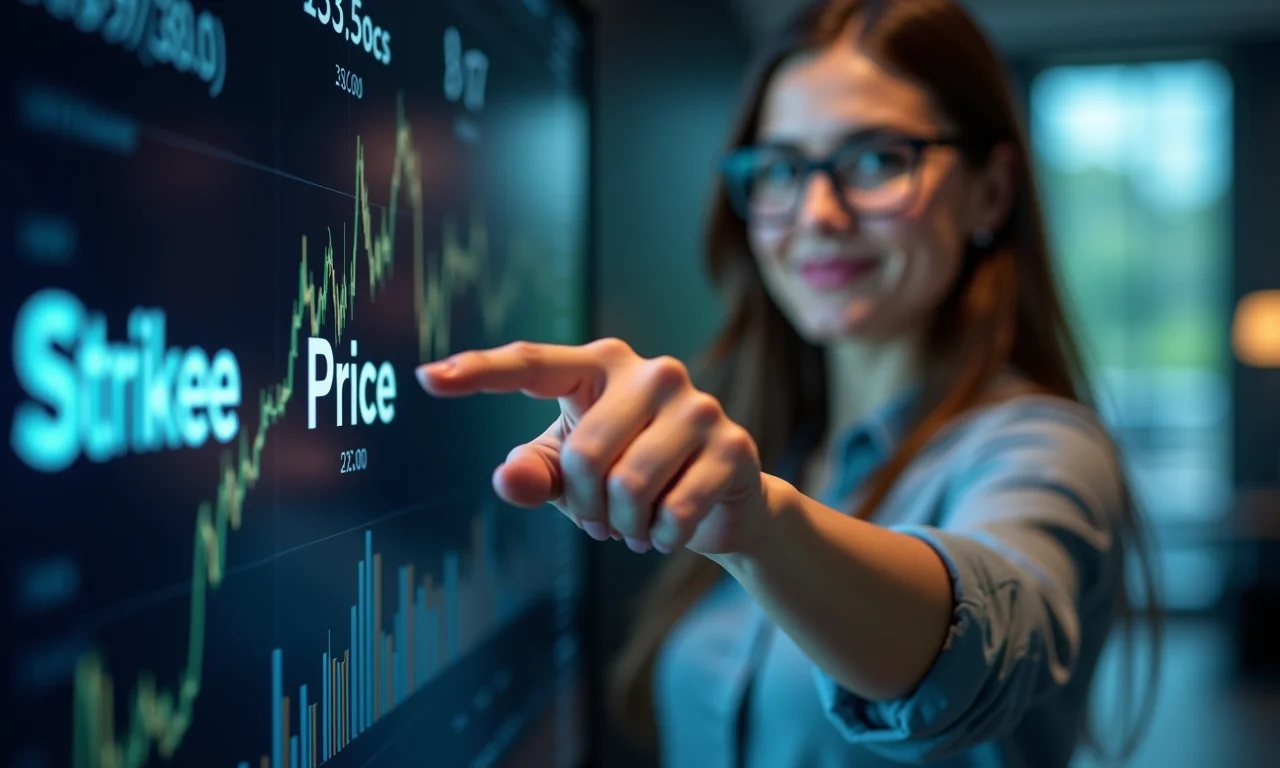 Mulher de negócios apontando para o 'Preço de Exercício' em tela digital.