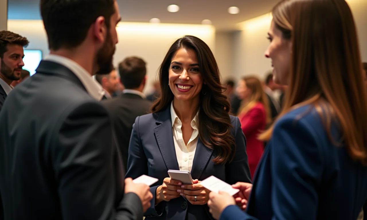 Mulher de negócios brasileira fazendo networking em um evento profissional.