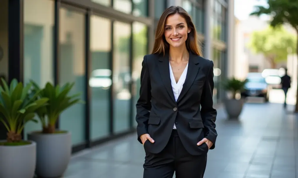 Calça de alfaiataria feminina: 10 looks de trabalho Mulher de negócios elegante com calça de alfaiataria em cenário urbano brasileiro.
