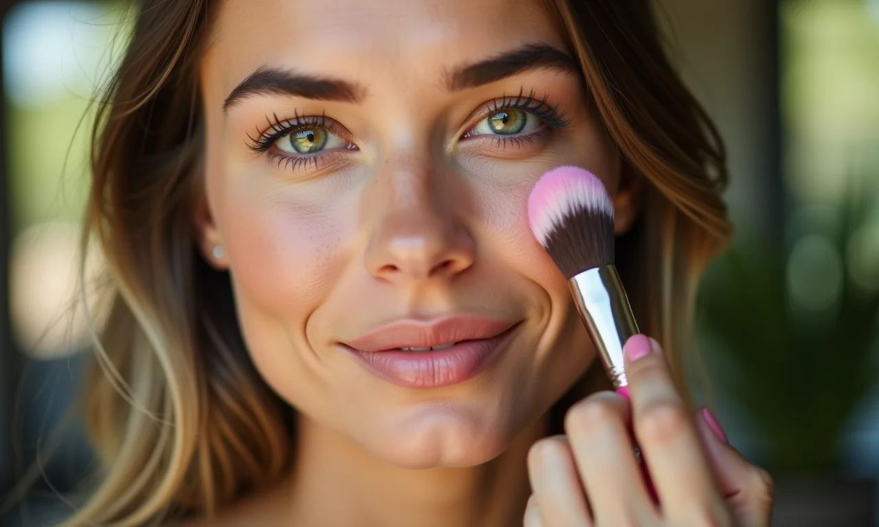 Mulher de pele clara aplicando blush rosa claro.