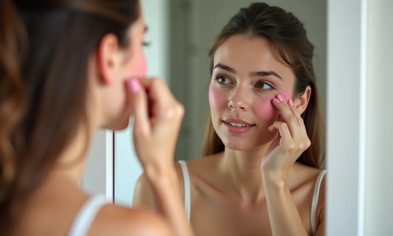 Mulher de pele clara aplicando blush rosado em banheiro vibrante.