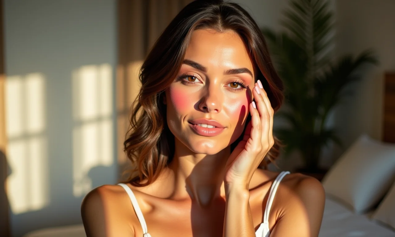 Mulher de pele média aplicando blush coral em quarto ensolarado.