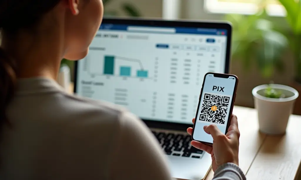 Mulher declarando PIX no Imposto de Renda em seu escritório Farm Rio.