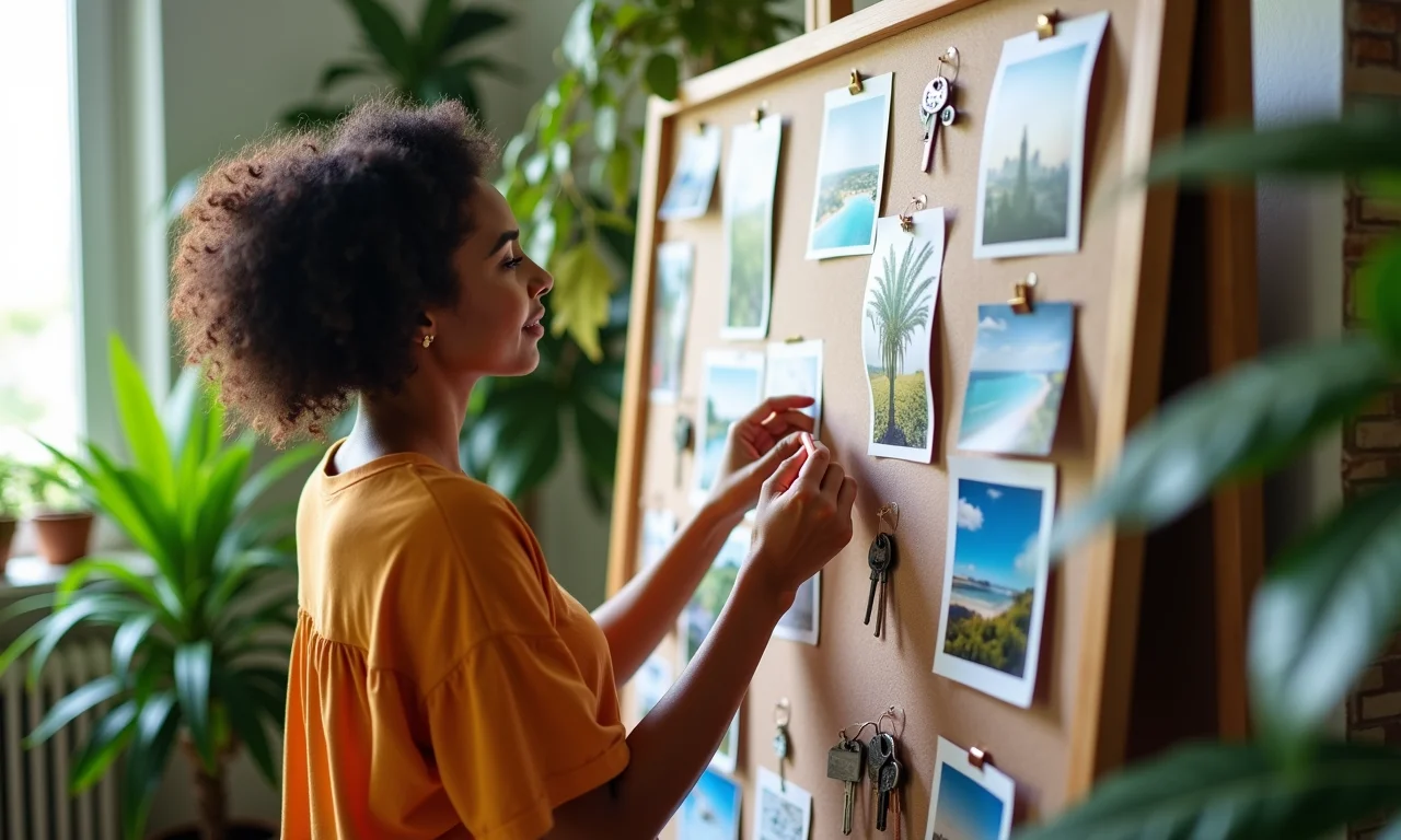 Mulher definindo objetivos financeiros em quadro de visão.