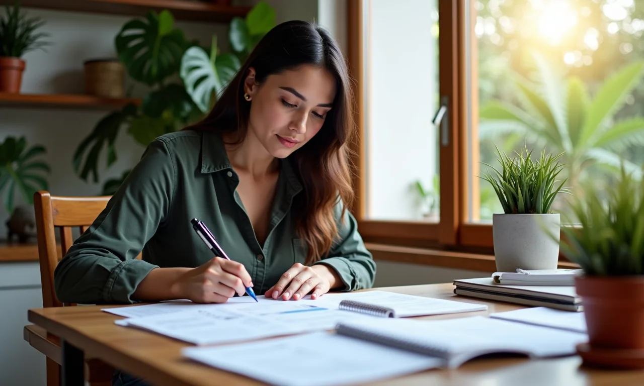 Mulher definindo seus objetivos financeiros em casa, com decoração brasileira vibrante e plantas.