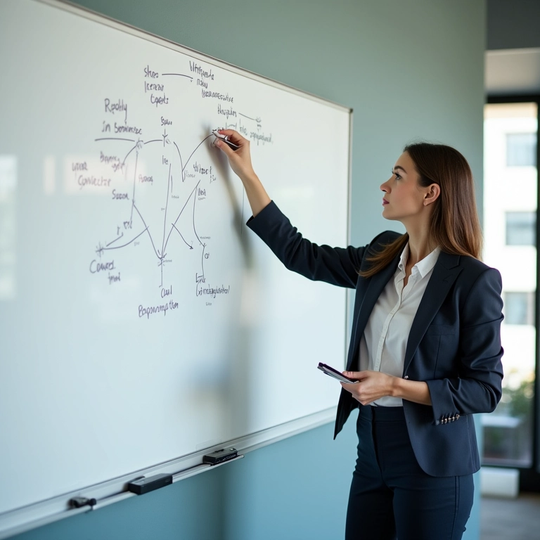 Mulher definindo um problema em um quadro branco com clareza.