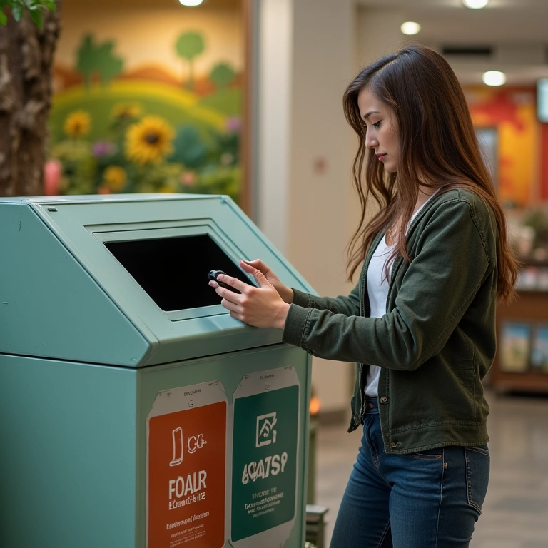 Mulher descartando celular em ponto de coleta de lixo eletrônico.