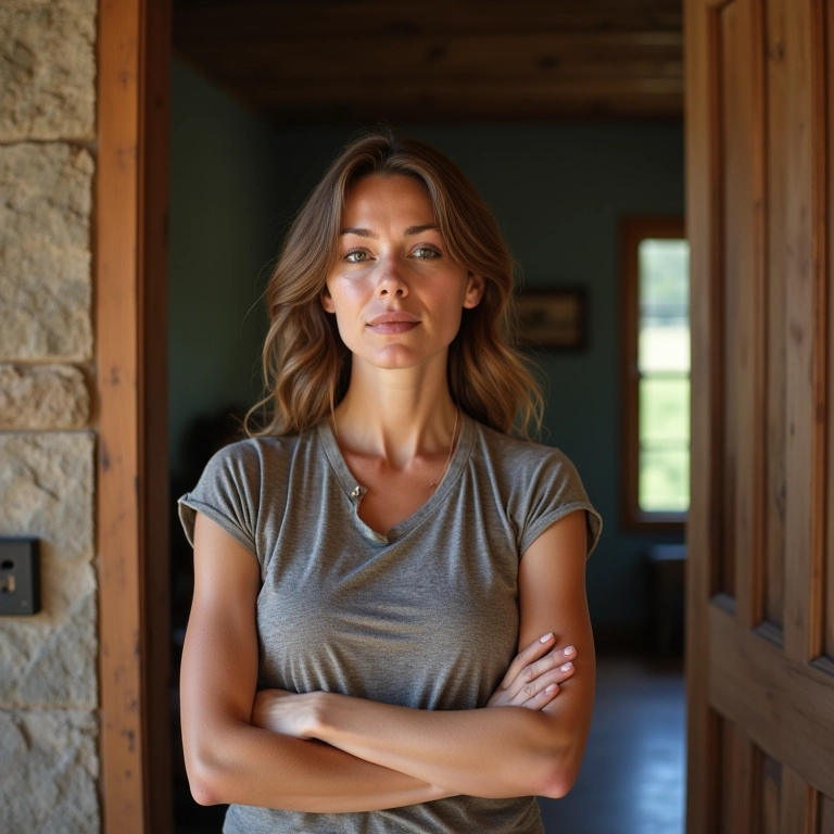 Mulher determinada na porta de casa, representando o direito de impedir uma busca e apreensão.