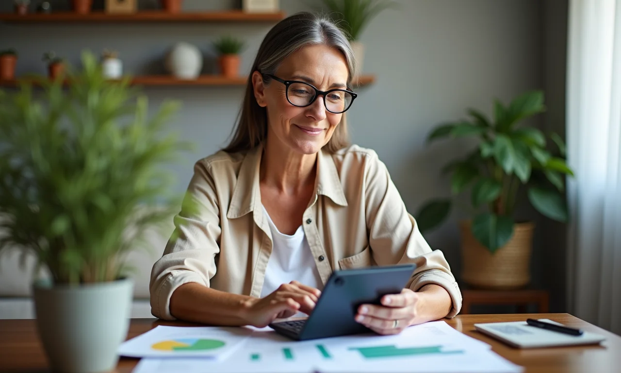 Mulher divide bens em divórcio em lar com decoração brasileira, calculando o impacto na aposentadoria.