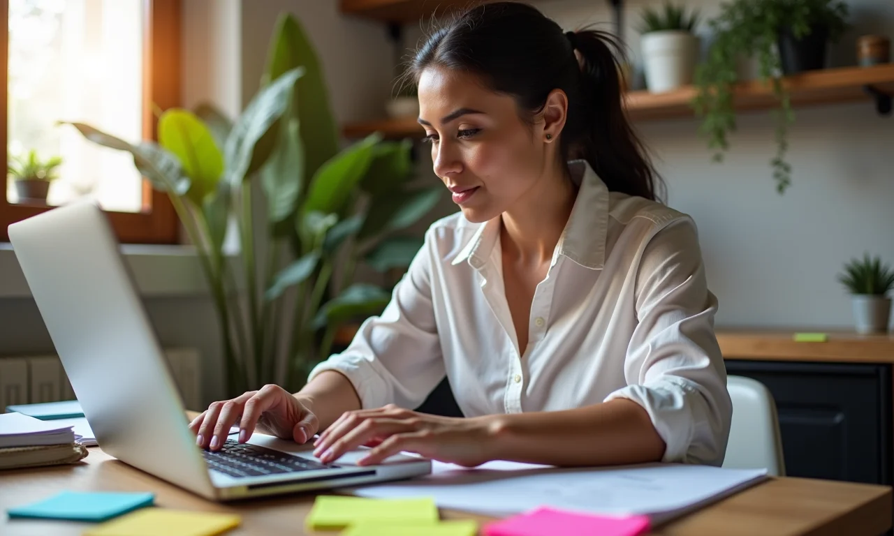Mulher elabora orçamento no laptop, cercada por notas adesivas coloridas em apartamento brasileiro.