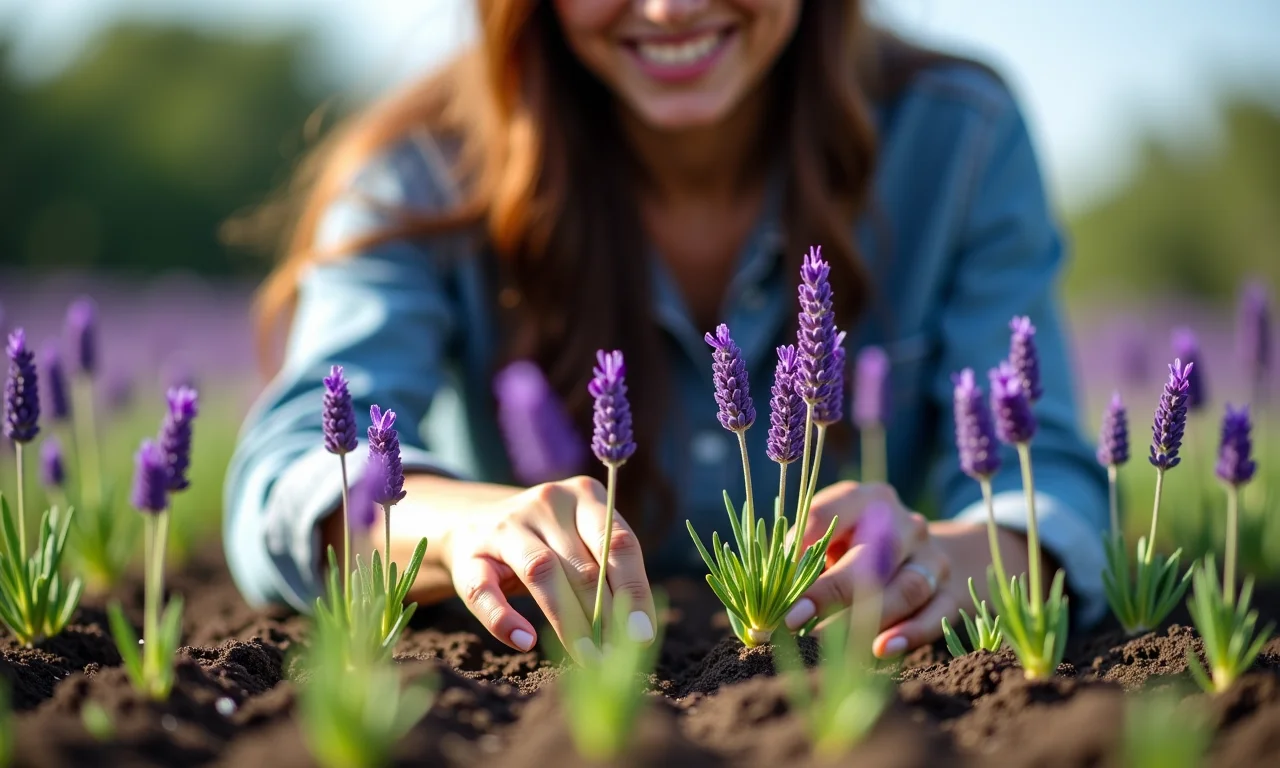 Mulher escolhendo mudas de lavanda de diferentes cores e variedades.