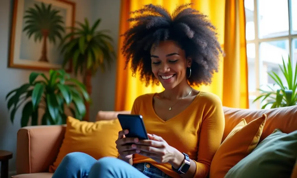 Mulher escolhendo power bank ideal para celular em apartamento vibrante.