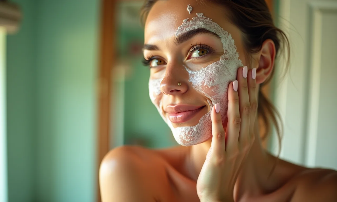 Mulher esfoliando a pele com um esfoliante suave.