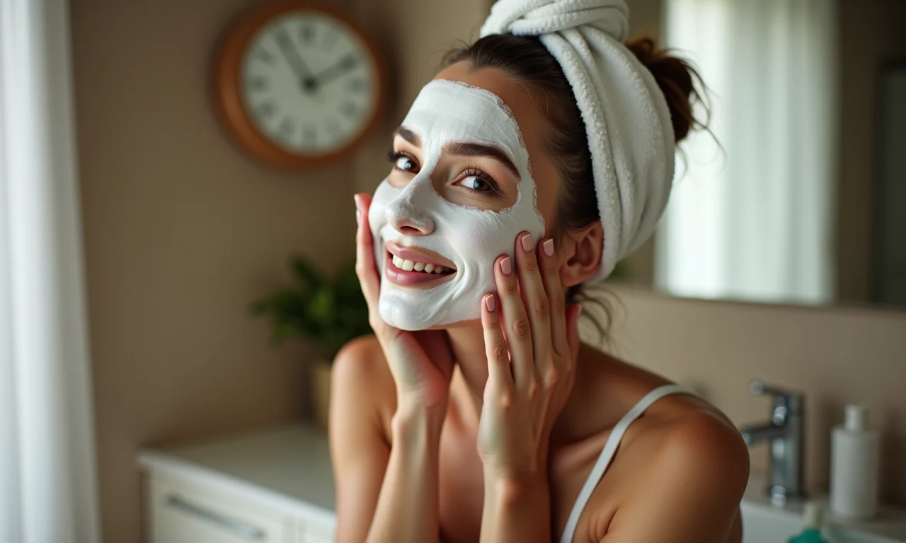 Mulher esfoliando o rosto em um banheiro com decoração brasileira, mostrando o passo da renovação celular.