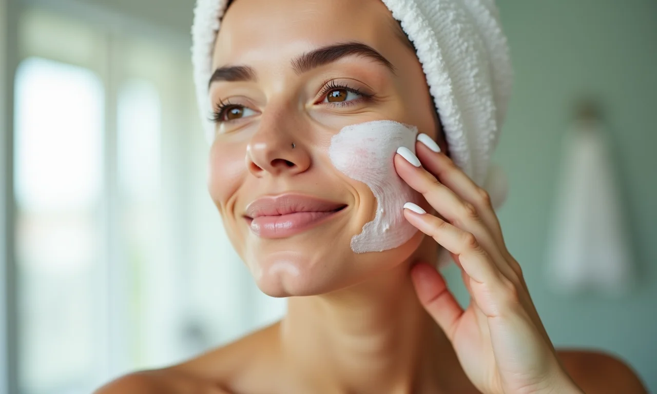 Mulher esfoliando suavemente o rosto para remover células mortas.