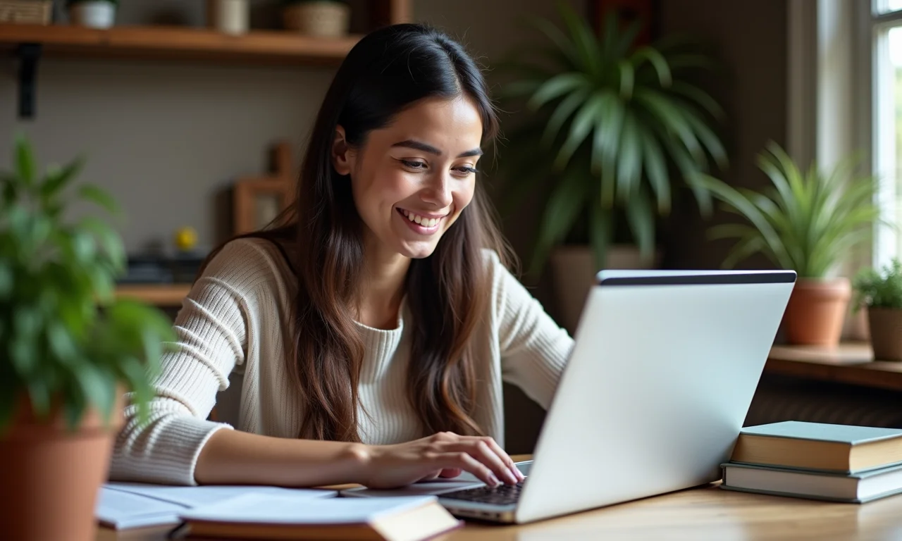 Mulher estudando pedagogia EAD em casa, feliz, decoração Farm Rio.