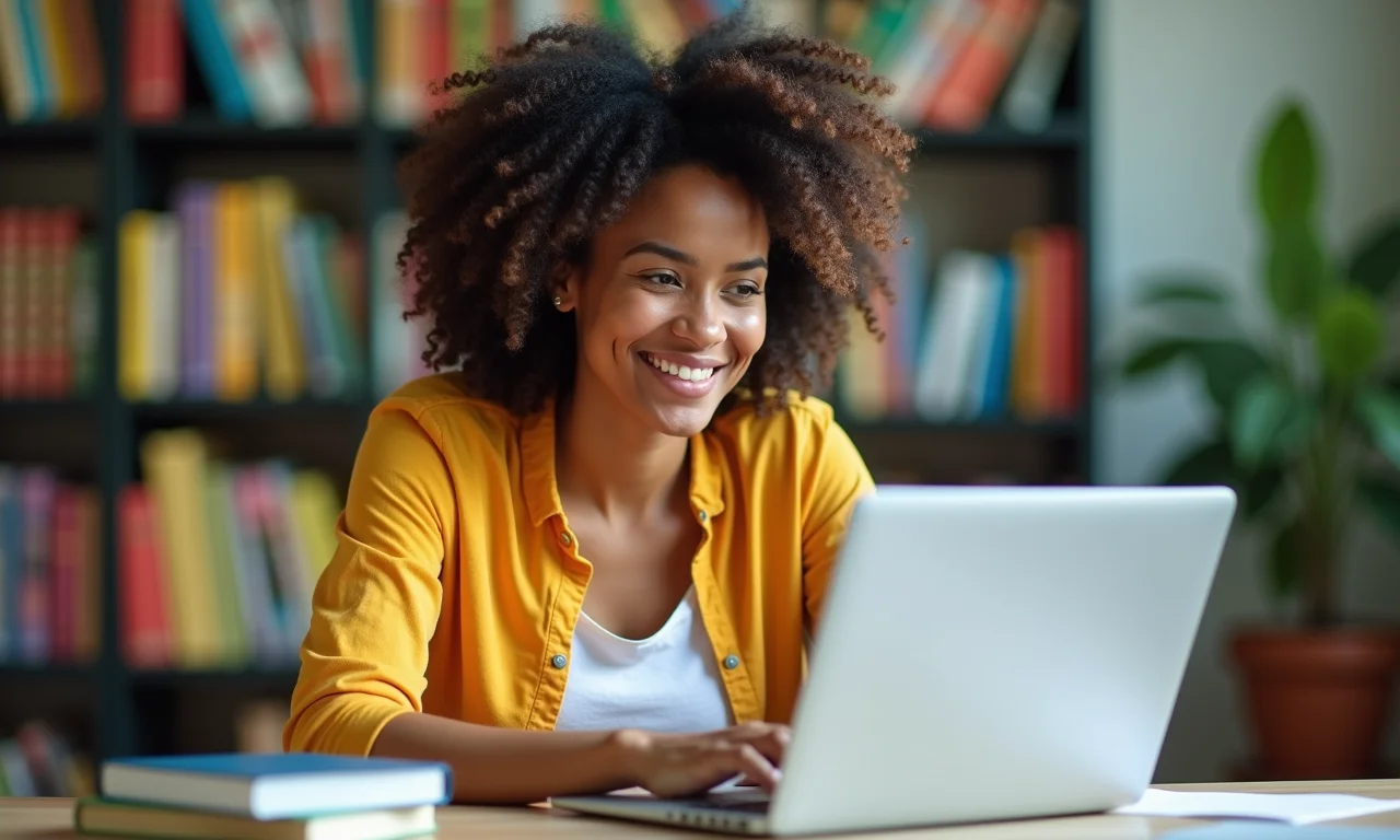 Mulher estudando pedagogia EAD focada em educação infantil, livros coloridos.
