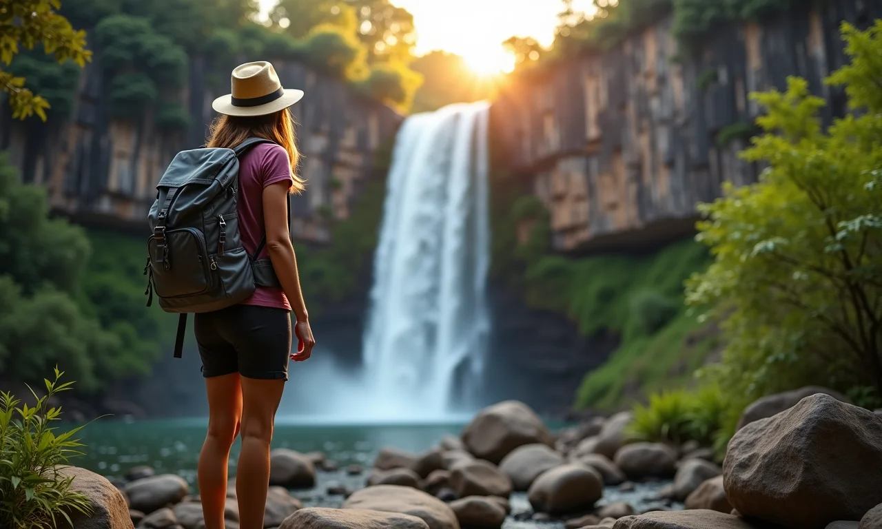 Mulher fazendo trekking na Chapada Diamantina, admirando cachoeira.