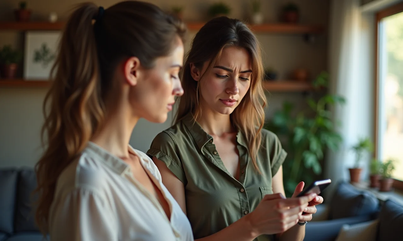 Mulher frustrada olhando para o celular enquanto parceiro controla suas mensagens, representando controle excessivo.