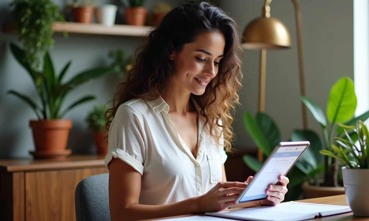 Mulher gerenciando seu tempo e organização em um escritório em casa aconchegante.
