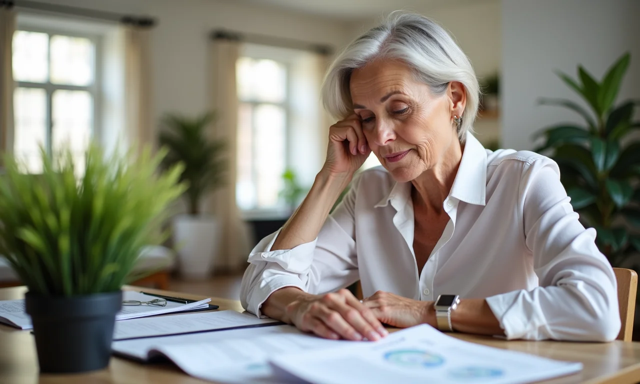 Mulher idosa analisa documentos de aposentadoria, refletindo sobre a partilha em caso de divórcio.
