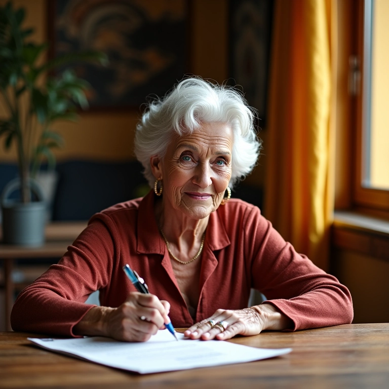 Testamento: Por que e Como Fazer o Seu em Vida Mulher idosa brasileira assinando testamento em casa.