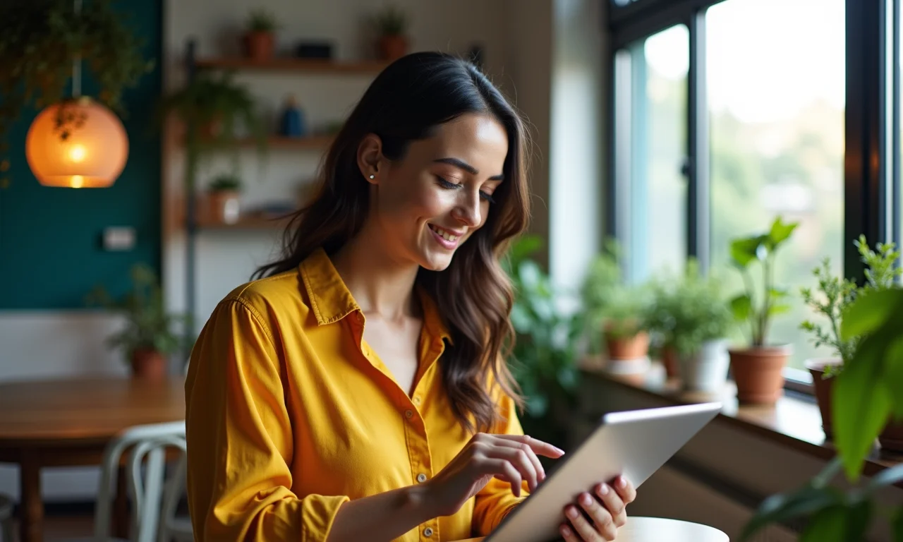 Mulher interagindo com leitores do blog em tablet.