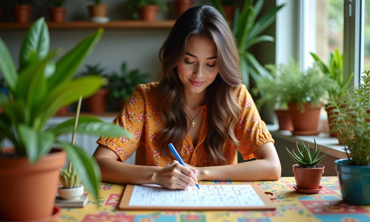 Mulher jogando Sudoku em uma mesa colorida.