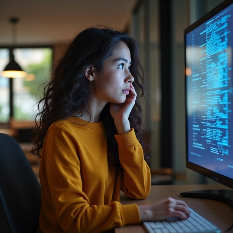 Mulher jovem analisando dados, representando o pensamento crítico.