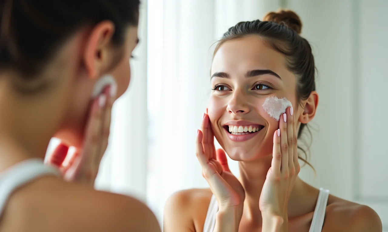 Mulher jovem lavando o rosto com sabonete facial suave.