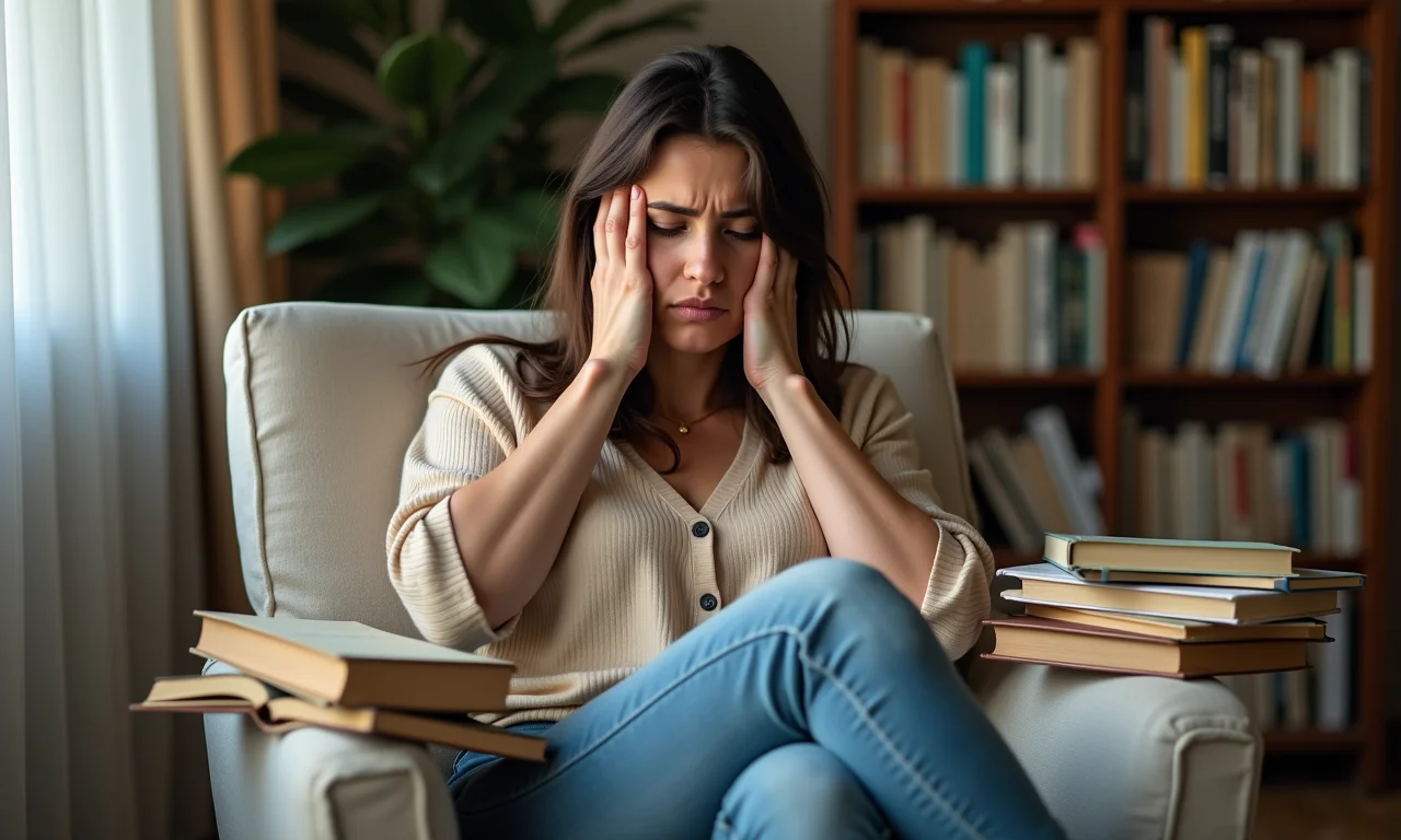 Mulher jovem sentada em cadeira confortável, cercada por livros, com expressão de estresse.