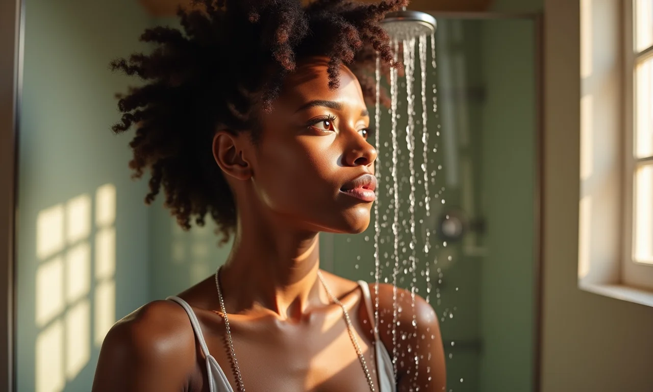 Mulher lavando o cabelo com um produto co-wash No Poo no chuveiro.