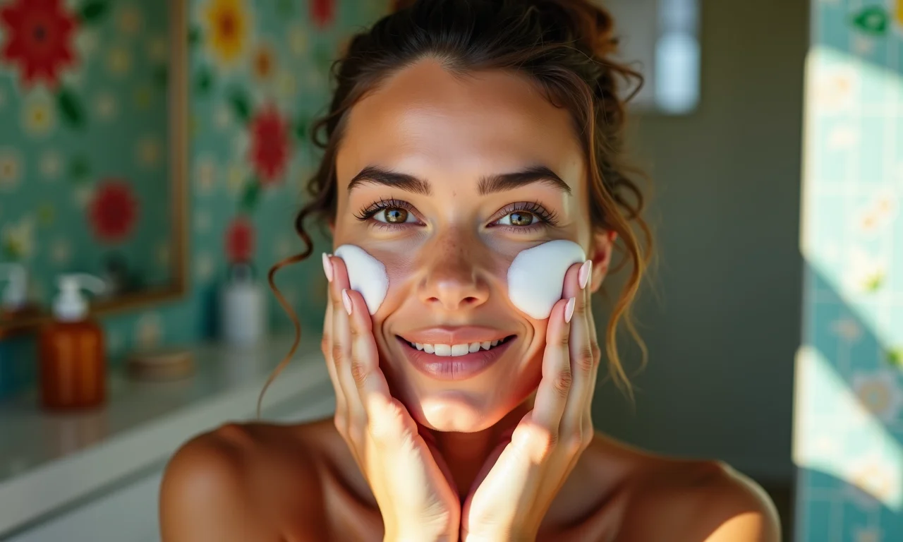 Mulher lavando o rosto suavemente com produto de limpeza.