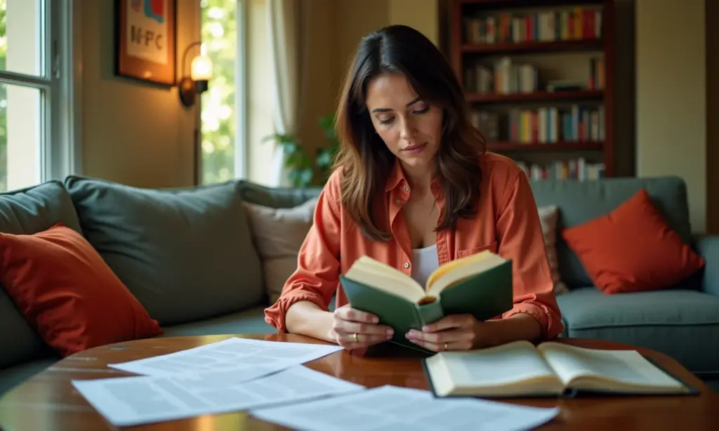 Biografias Não Autorizadas e Família: Limites e Direitos Mulher lendo em sala decorada com estilo brasileiro, documentos legais na mesa, representando biografias não autorizadas.