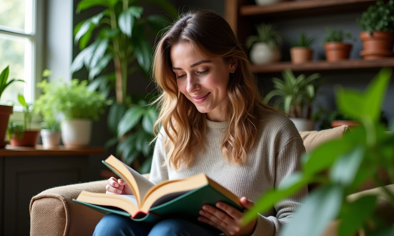 Mulher lendo sobre permacultura em um ambiente aconchegante, destacando sugestões de materiais educacionais.