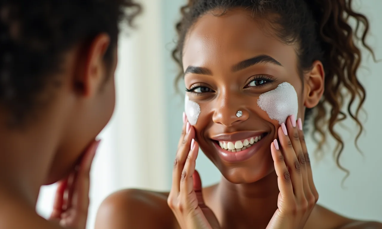 Mulher limpando o rosto antes de aplicar protetor solar em pó.