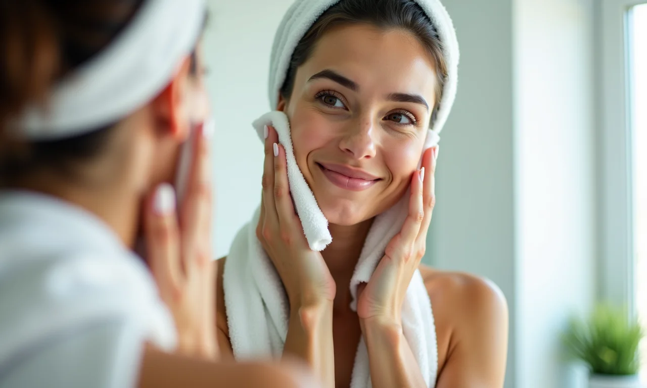 Mulher limpando o rosto com pano macio em um banheiro claro.