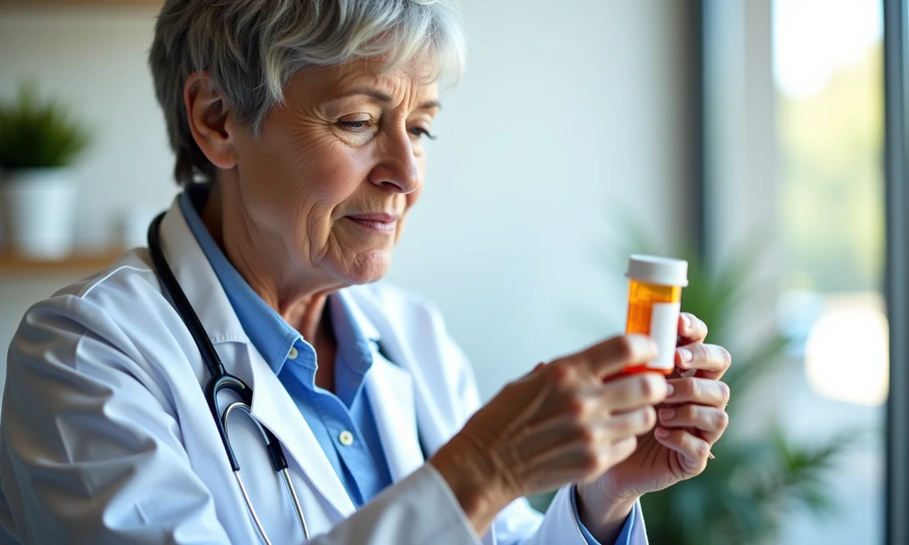 Mulher madura analisando rótulo de medicamento (prednisona) com atenção.