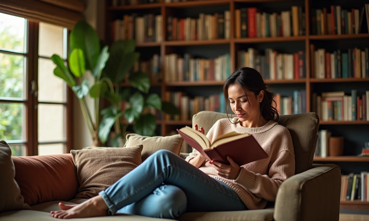 Mulher madura lendo em sala aconchegante decorada em estilo Farm Rio, com livros sobre casamento e divórcio.