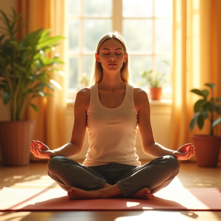 Mulher meditando em sala iluminada, refletindo sobre suas emoções e autoconsciência.