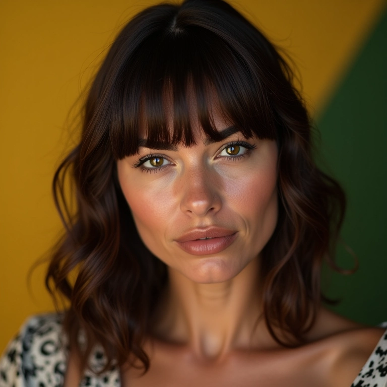 Mulher morena com franja lateral, corte ideal para rosto redondo.