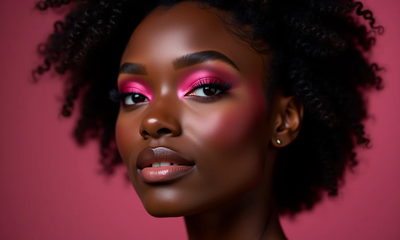 Mulher negra com blush vinho, expressão confiante.