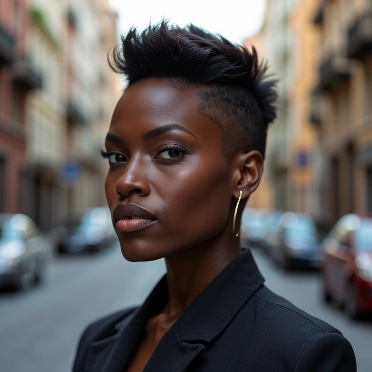 Mulher negra estilosa com corte pixie assimétrico.