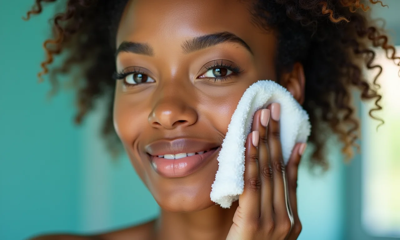 Mulher negra remove maquiagem com pano macio, demonstrando o primeiro passo da rotina de skincare noturna.
