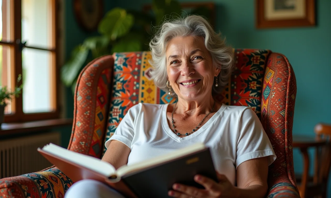 Mulher observa álbum de fotos, refletindo sobre laços afetivos familiares.