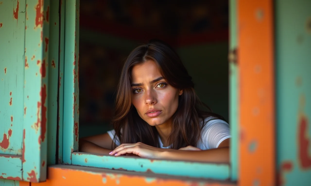 Mulher olhando pela janela com tristeza, representando isolamento social.