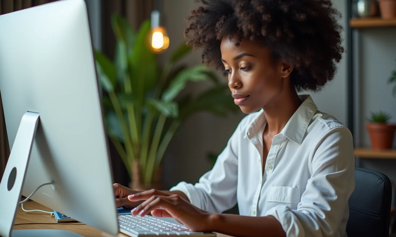 Mulher organizando arquivos digitais em um computador.