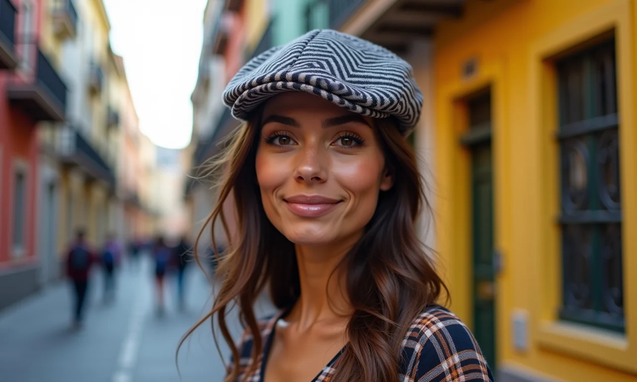 Mulher ousada com boina escocesa em cenário urbano vibrante.